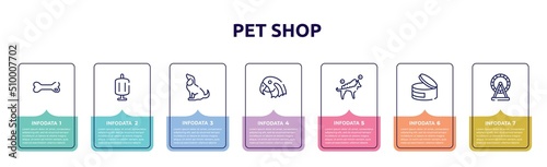 pet shop concept infographic design template. included dog toy, sponge filter, sitting dog, parrot head, washing the dog, canned food, hamster wheel icons and 7 option or steps.