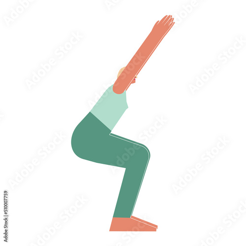 Vector isolated illustration with flat female character. Sportive woman learns Strengthening posture Utkatasana at yoga class. Fitness exercise - Chair Pose