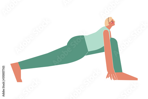 Vector isolated illustration with flat female character. Sportive woman learns Standing posture at yoga class. Fitness exercise - High Lunge