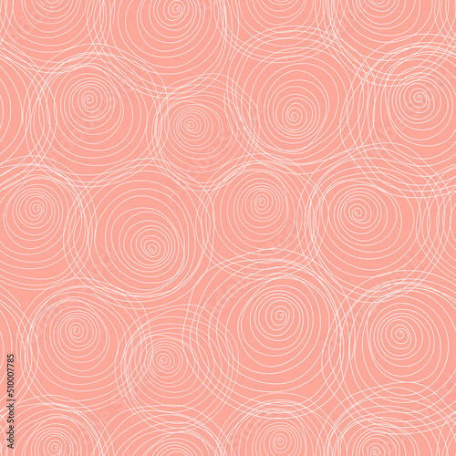 Abstract seamless pattern with white hand drawn spiral circles on a dusty pink background. Simple vector graphic backdrop. Soft delicate print for textile, fabric, wallpaper, paper wrapping and cover