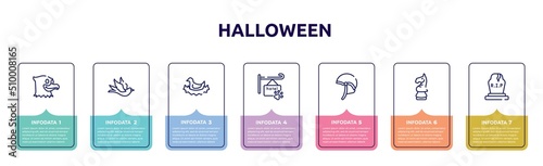 halloween concept infographic design template. included eagle, black bird, bird in nest, pet hotel, jockey hat, horse head chess piece, tombstone icons and 7 option or steps.