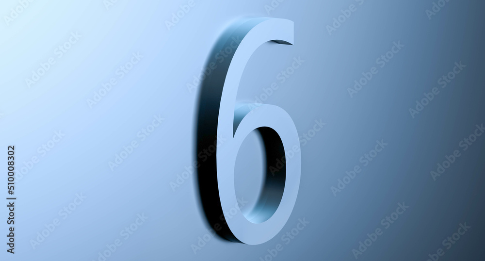 Number 6 on a blue background with reflection. Abstract SIX bluish metallic color with reflection. 3d rendering illustration. Number 6 on a blue background with reflection. Abstract SIX bluish metallic color with reflection. 3d rendering illustration.