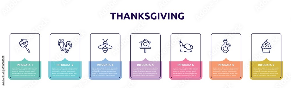 Fototapeta premium thanksgiving concept infographic design template. included caramel, flip flops, beekeeper, bird house, snails, cider, muffin icons and 7 option or steps.