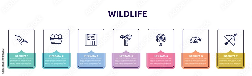 wildlife concept infographic design template. included crow, nest, zoo, baobab, peacock, elephants, bow and arrow icons and 7 option or steps. wildlife concept infographic design template. included crow, nest, zoo, baobab, peacock, elephants, bow and arrow icons and 7 option or steps.