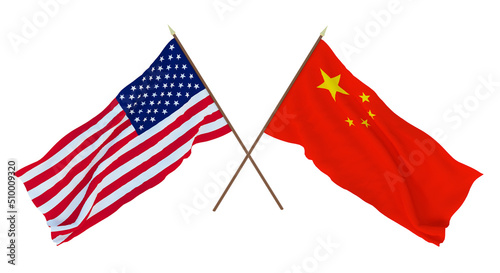 Background for designers, illustrators. National Independence Day. Flags of United States of America, USA and  China