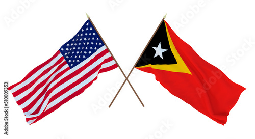 Background for designers, illustrators. National Independence Day. Flags of United States of America, USA and  East Timor