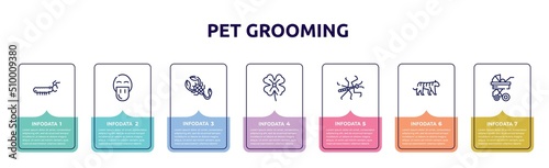 pet grooming concept infographic design template. included caterpillar, platypus, scorpion, clover, mantis, tiger, stroller icons and 7 option or steps.