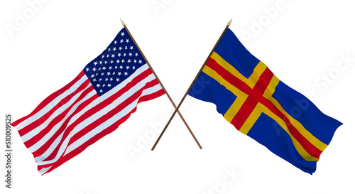 Background for designers, illustrators. National Independence Day. Flags of United States of America, USA and Åland Islands