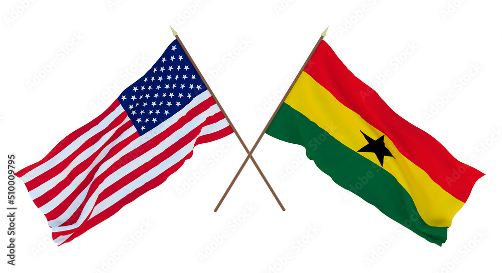 Background for designers, illustrators. National Independence Day. Flags of United States of America, USA and Ghana