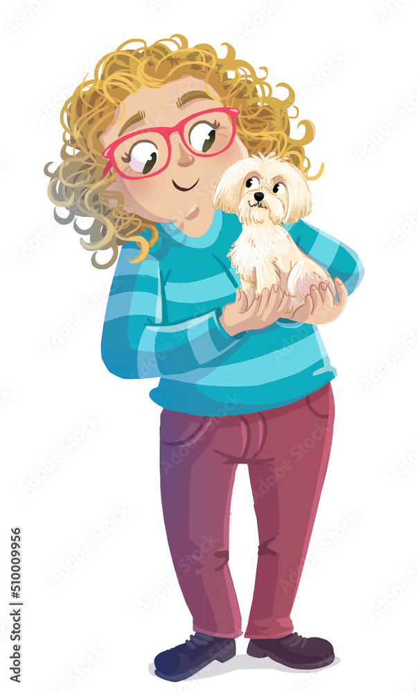 illustration of woman with small dog in her arms - obrazy, fototapety, plakaty 
