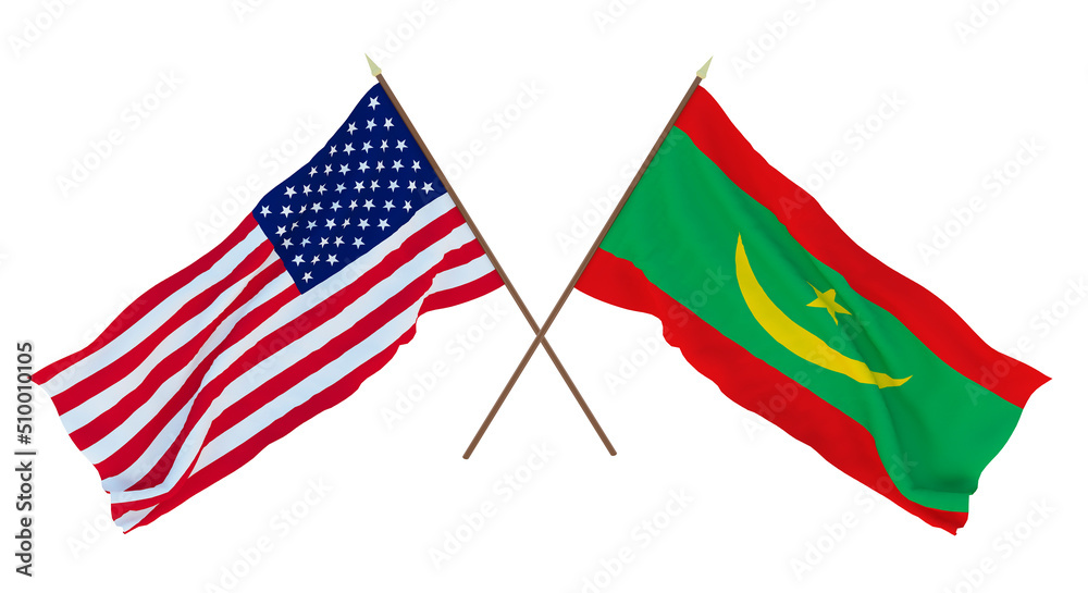 Background for designers, illustrators. National Independence Day. Flags of United States of America, USA and Mauritania