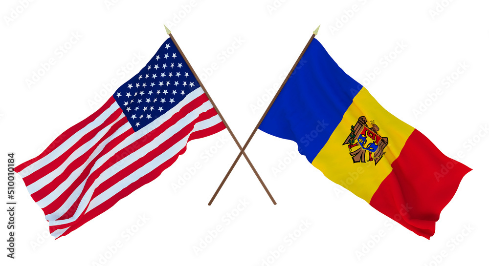 Background for designers, illustrators. National Independence Day. Flags of United States of America, USA and Moldova