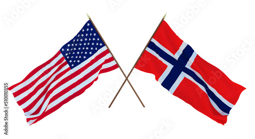 Background for designers, illustrators. National Independence Day. Flags of United States of America, USA and Norway
