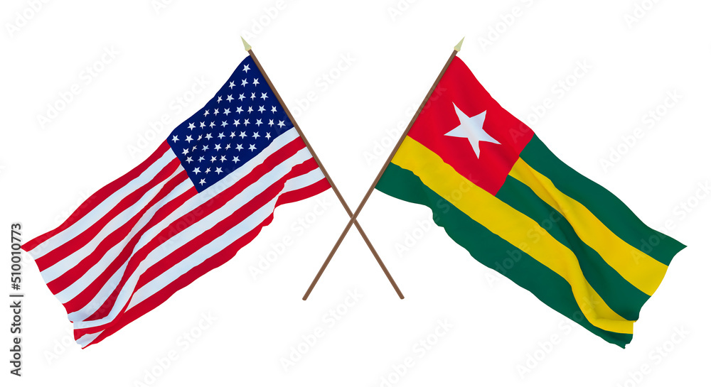 Background for designers, illustrators. National Independence Day. Flags of United States of America, USA and Togo