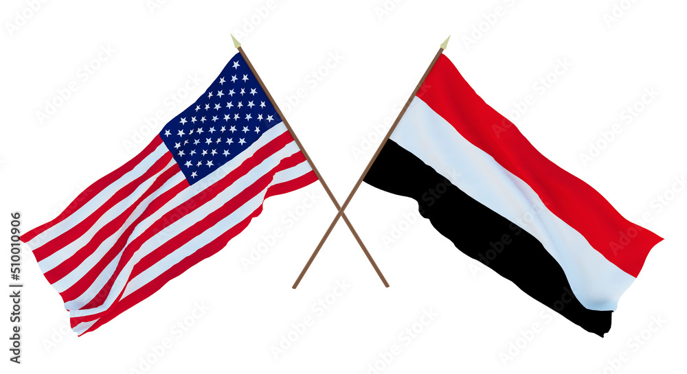 Background for designers, illustrators. National Independence Day. Flags of United States of America, USA and Yemen