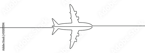 Continuous line drawing of airplane icon. Aircraft linear icon. One line drawing background. Vector illustration. Airplane continuous line icon