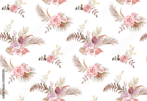 Seamless watercolor pattern with herbarium of tropical palm leaves and delicate roses on white background for textile and surface design