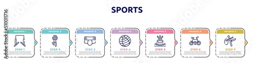 sports concept infographic design template. included horizontal bars, yoga pose, jockstrap, fitness ball, blobbing, mountain bike, rhythmic gymnastics icons and 7 option or steps.