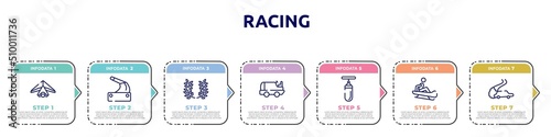 racing concept infographic design template. included hang gliding, handbrake, laurel wreath, ice resurfacer, sand bag, sledding, drifting icons and 7 option or steps.