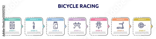 bicycle racing concept infographic design template. included hockey pitch, dive knife, energy bar, pommel horse, paddock, cardio, crank icons and 7 option or steps.