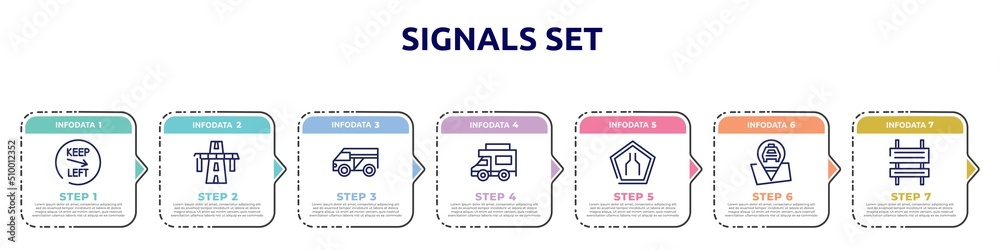 signals set concept infographic design template. included keep left, bridge on avenue perspective, minivan taxi, jitney, narrow road, taxi stop, rectangle and arrow icons and 7 option or steps.