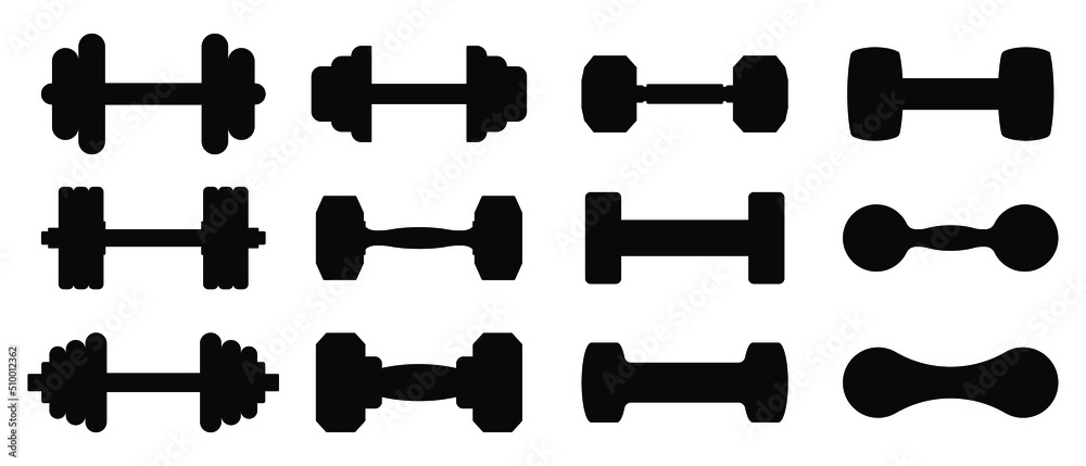 Dumbbell icon. Set of different dumbbell. Vector illustration. Dumbbells for a sports hall. Black sign design. Dumbbell icon. Set of different dumbbell. Vector illustration. Dumbbells for a sports hall. Black sign design.