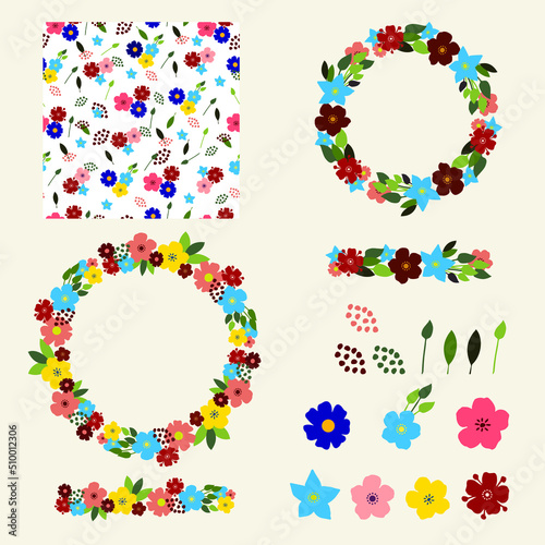 Summer flowers вotanical hand drawn vector set, floral elements, wreaths, seamless pattern, pattern brush 