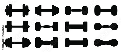 Dumbbell icon. Set of different dumbbell. Vector illustration. Dumbbells for a sports hall. Black sign design. photo