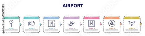 airport concept infographic design template. included parking, car light, fire triangular, slippery, round hotel, converging, hawk icons and 7 option or steps.