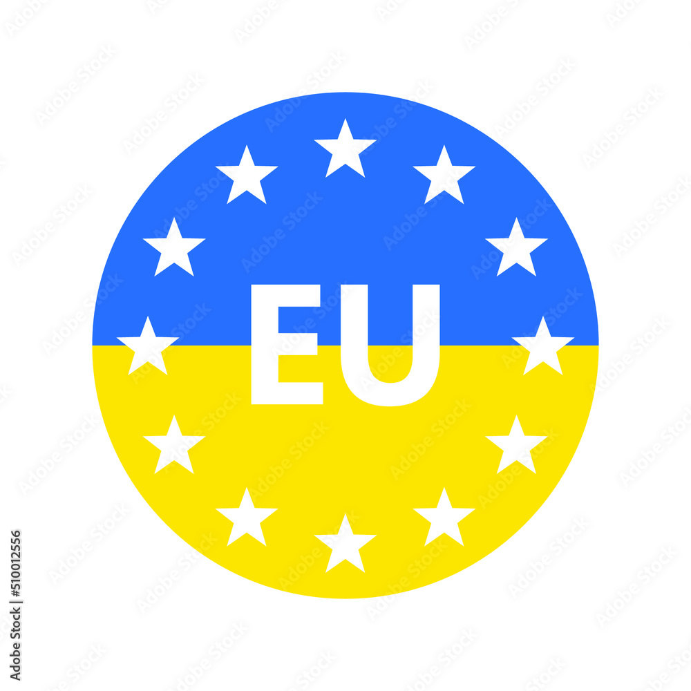 Ukrainian flag in the shape of a circle. Round button with stars. Vector illustration. EU flag Ukrainian flag in the shape of a circle. Round button with stars. Vector illustration. EU flag