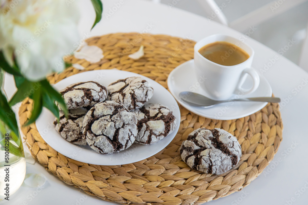 Chocolate chip cookies for breakfast on the table. Selective focus. Chocolate chip cookies for breakfast on the table. Selective focus.