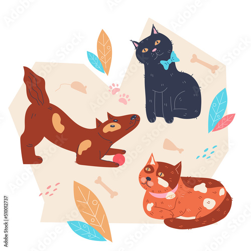 Pets cats and dogs, domestic animals in decorative banner flat vector illustration isolated on white background. Creative banner for veterinary, animals adoption and homeless animal fund, pets shop.