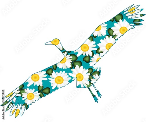 Vector illustration of a silhouette of a stork with a chamomile-clover field inside. Sticker for printing.