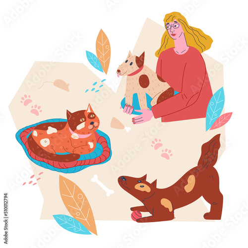 Pets cats and dogs in decorative banner, flat vector illustration isolated on white background. Creative banner for veterinary, animals shelter and homeless animal fund with woman taking care of pets.