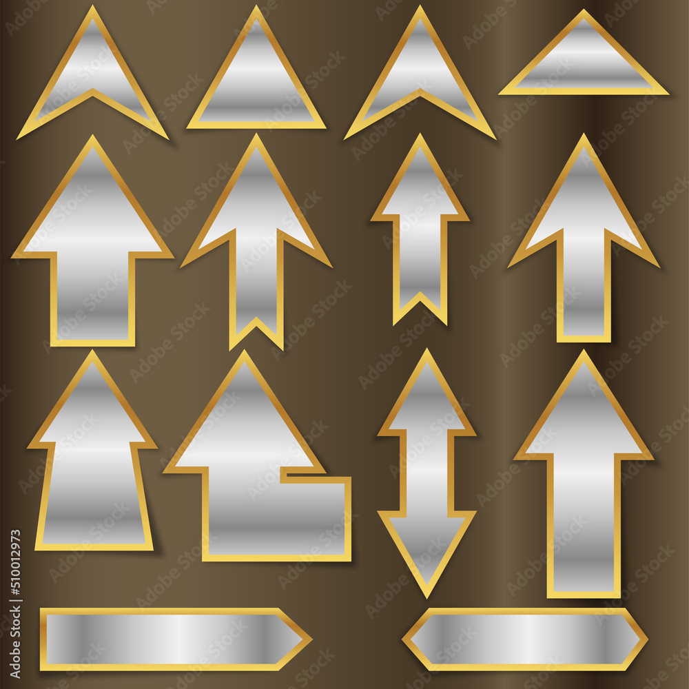 silver arrow icon set. golden border 3d luxury arrow set . arrow with shadow silver arrow icon set. golden border 3d luxury arrow set . arrow with shadow