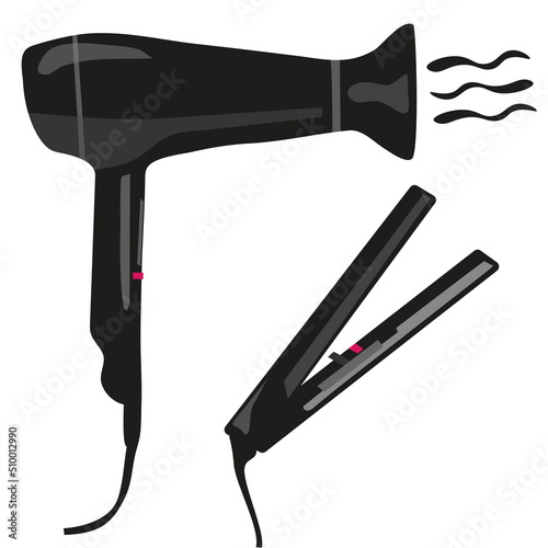 Hair straightener and curling iron. Isolated on white background, hair dryer, curling iron