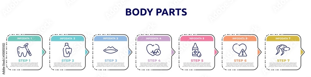body parts concept infographic design template. included tooth with a dentist tool, dentist bottle with liquid, thin lips, heart black shape, drop of liquid, disease, sperms icons and 7 option or body parts concept infographic design template. included tooth with a dentist tool, dentist bottle with liquid, thin lips, heart black shape, drop of liquid, disease, sperms icons and 7 option or
