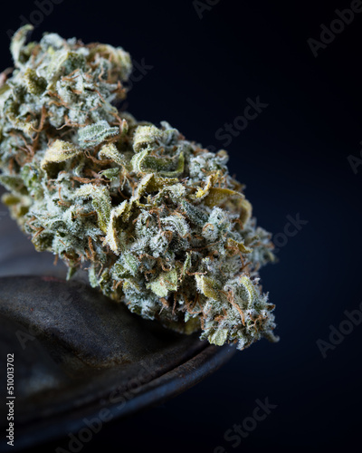 Dried and trimmed cannabis bud with a dark background