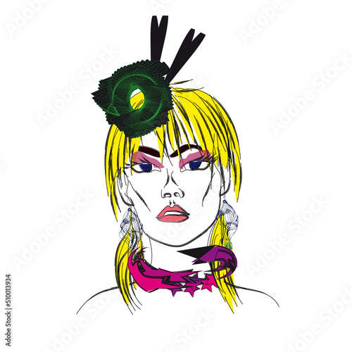 Blonde girl in extravagant green fancy hat, hat decorated, strands of hair, sketch