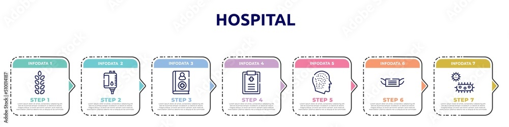 hospital concept infographic design template. included gluten, blood bag, handbook, medical prescription, allergy, medical mask, bacterium icons and 7 option or steps.