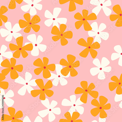 Retro botanical seamless pattern. Colorful vector print for fabric, paper, any surface with modern simple shaped flowers. Mid century art style. Vintage floral background.