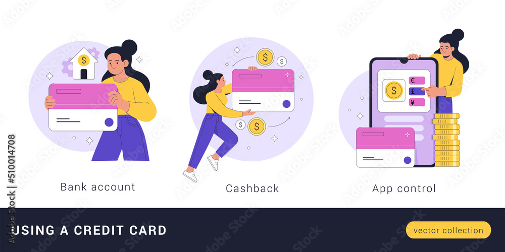 Functions and use of a credit card concept. Vector cartoon flat illustration of a young woman who uses a bank card and receives cash back, conducts transactions using a mobile application Functions and use of a credit card concept. Vector cartoon flat illustration of a young woman who uses a bank card and receives cash back, conducts transactions using a mobile application