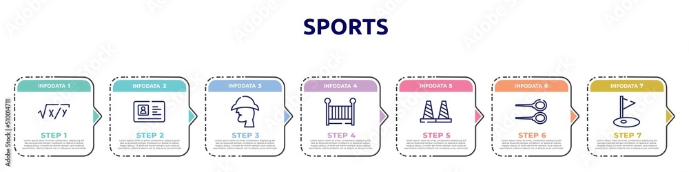 sports concept infographic design template. included equation, driving license, sherlock holmes, cradle, bollards, badminton, golf field icons and 7 option or steps.