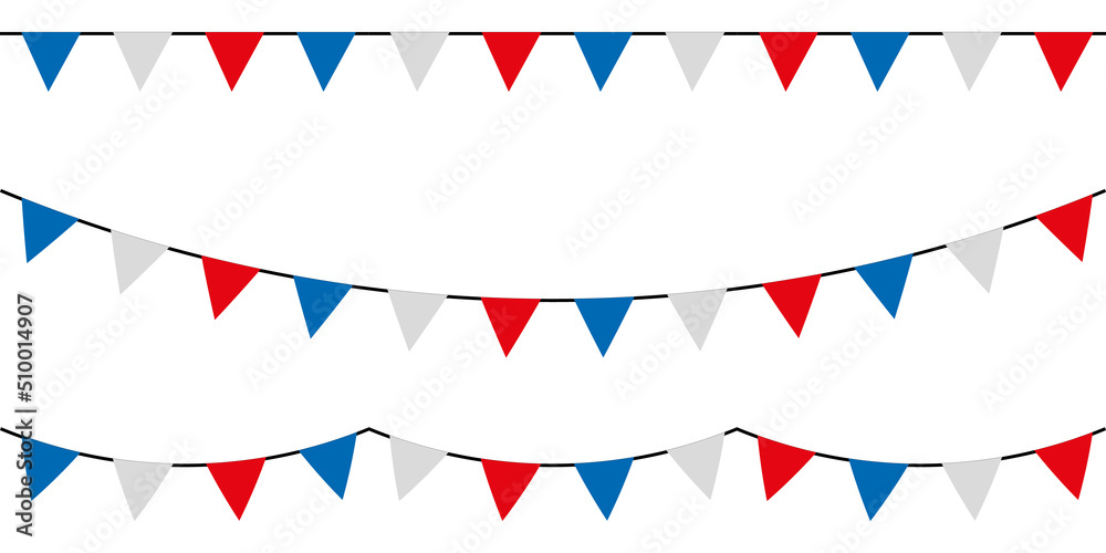Blue white and red party garlands with pennants. Vector buntings set.