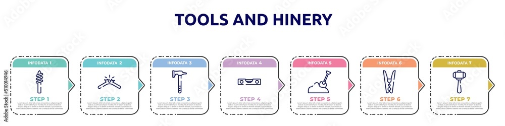 tools and hinery concept infographic design template. included drill tip, broken cable, battle axe, level gauge, sand, clothespin, big hammer icons and 7 option or steps. tools and hinery concept infographic design template. included drill tip, broken cable, battle axe, level gauge, sand, clothespin, big hammer icons and 7 option or steps.