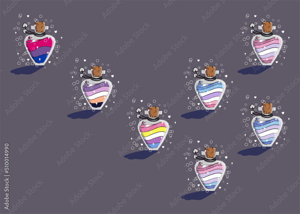 set of elixir, potion bottle designs of LGBTQ  Bi pride flags. Bisexual, biromantic, bigender, bigender  woman leaning, bigender man leaning, queer hand-drawn fantasy bottles