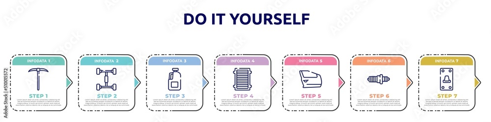 Obraz premium do it yourself concept infographic design template. included gardening digger, chassis, gallon oil, air filter, car door, spark plug, switch on icons and 7 option or steps.