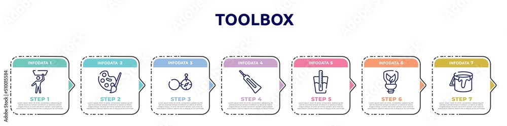 toolbox concept infographic design template. included null, pallete, open compass, caulk, tester, ecologic light bulb, open paint bucket icons and 7 option or steps. toolbox concept infographic design template. included null, pallete, open compass, caulk, tester, ecologic light bulb, open paint bucket icons and 7 option or steps.