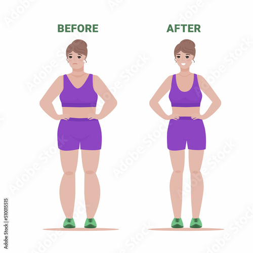 Fat female turn slim in gym. Woman before and after training course. Flat vector illustration isolated on white. © Aygull  ( ID2719764)