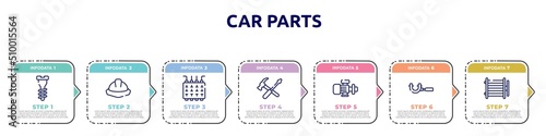 car parts concept infographic design template. included garage screw, utensils, fuse box, repair tools cross, pump, micrometer, condenser icons and 7 option or steps.